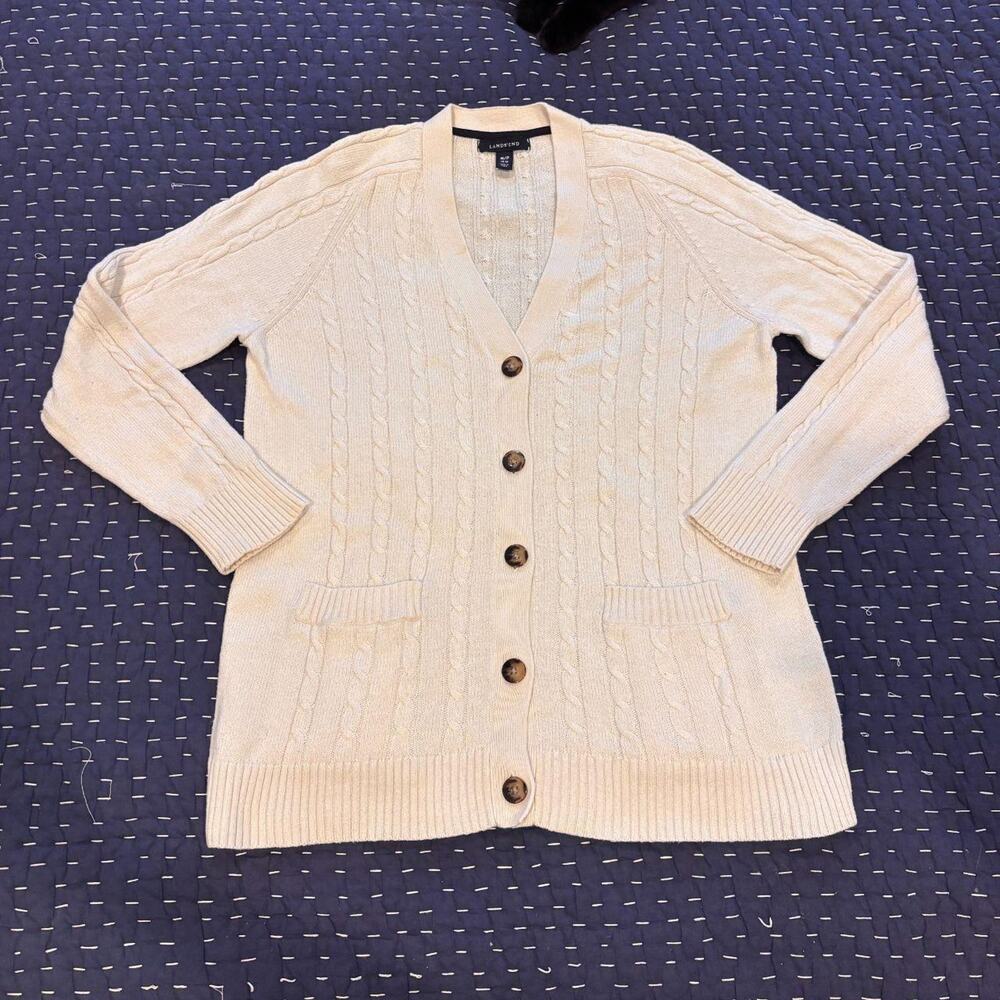 Cable Knit Y2kCardigan Lands End Ivory Grandpa Cottage